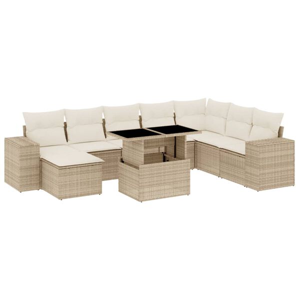 vidaXL 9-tlg. Garten-Sofagarnitur mit Kissen Beige Poly Rattan