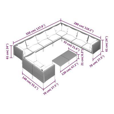 vidaXL 11-tlg. Garten-Lounge-Set mit Auflagen Poly Rattan Dunkelgrau
