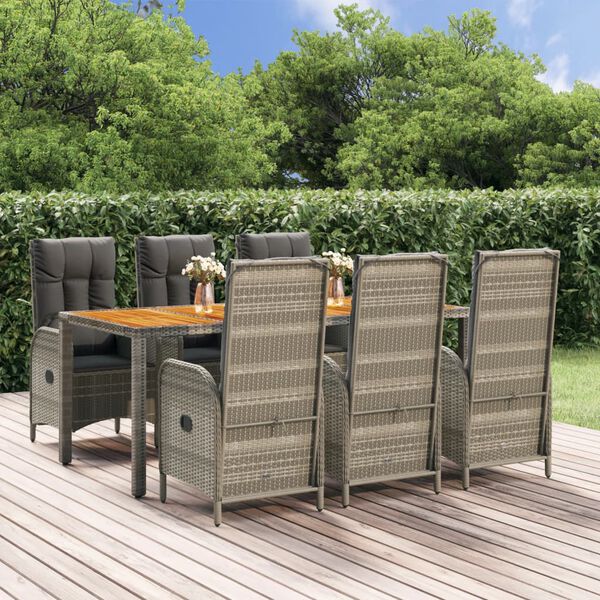 vidaXL 7-tlg. Garten-Essgruppe mit Kissen Grau Poly Rattan
