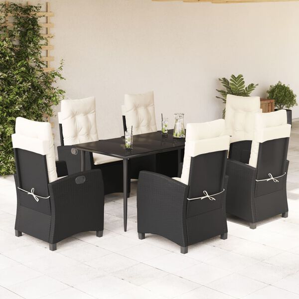 vidaXL 7-tlg. Garten-Essgruppe mit Kissen Schwarz Poly Rattan