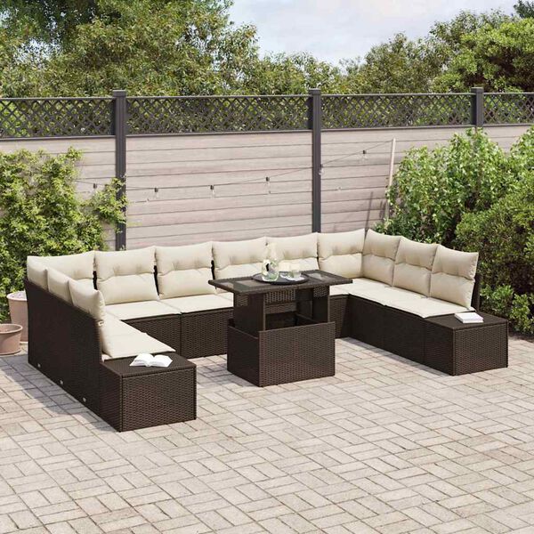 vidaXL Garten-Sofa-Set mit Kissen mit Speicher 11 pcs Braun und Creme