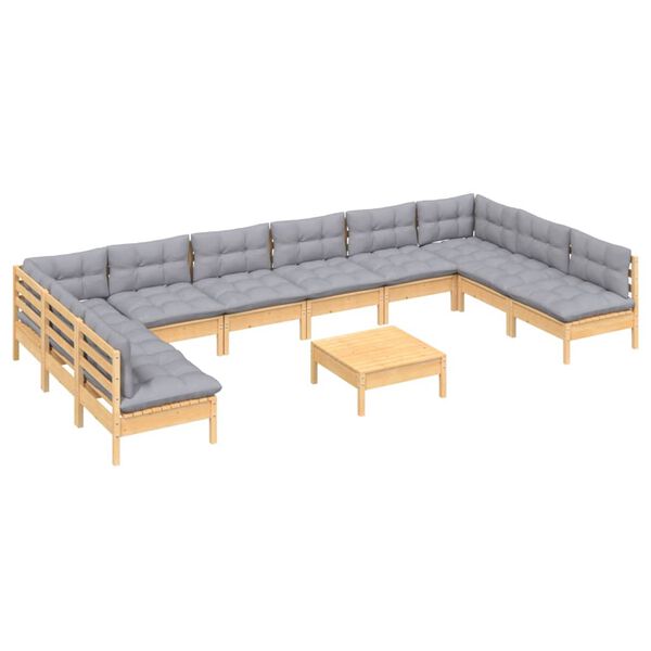 vidaXL 11-tlg. Garten-Lounge-Set mit Grauen Kissen Kiefer Massivholz