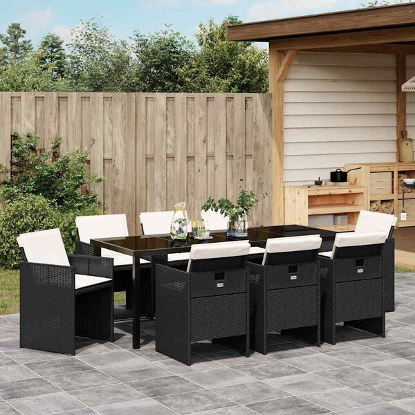 vidaXL Garten Essgruppe mit Kissen 9 pcs Schwarz Poly-Rattan