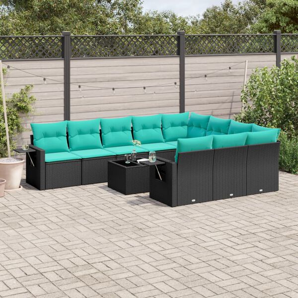 vidaXL 11-teiliges Gartensofa-Set mit Kissen, schwarzes Polyrattan