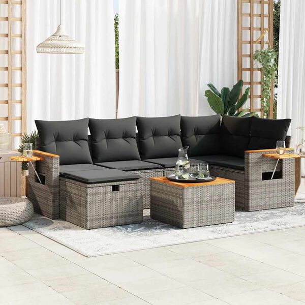 vidaXL 7-tlg. Garten-Sofagarnitur mit Kissen Grau Poly Rattan