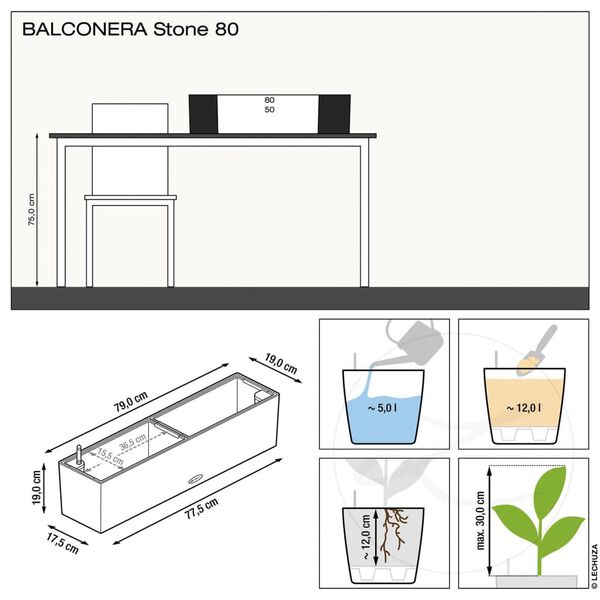 LECHUZA Pflanzgef&auml;&szlig; BALCONERA Stone 80 ALL-IN-ONE Quarzwei&szlig;