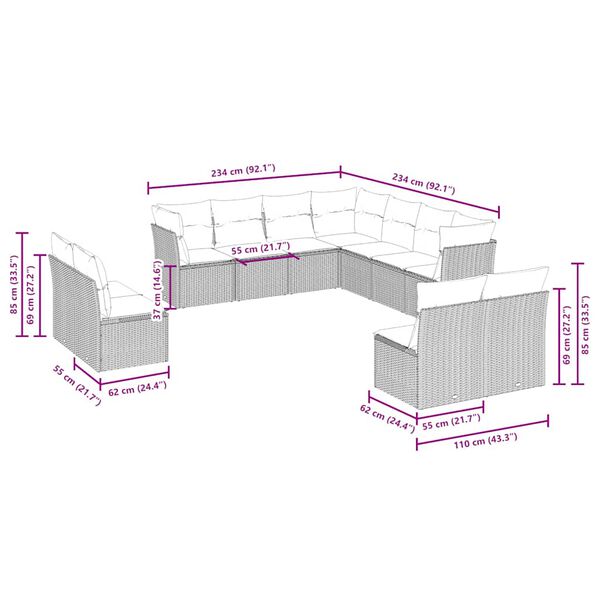 vidaXL 11-tlg. Garten-Sofagarnitur mit Kissen Hellgrau Poly Rattan