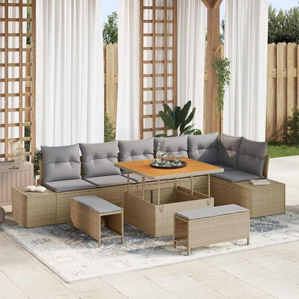 vidaXL Gartensofa-set mit Kissen mit Speicher 9 pcs Beige Poly Rattan