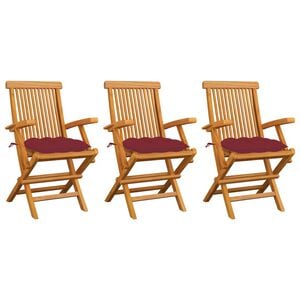 vidaXL Klappst&uuml;hle mit weinroten Kissen, 3-teilig, Massivholz Teakholz