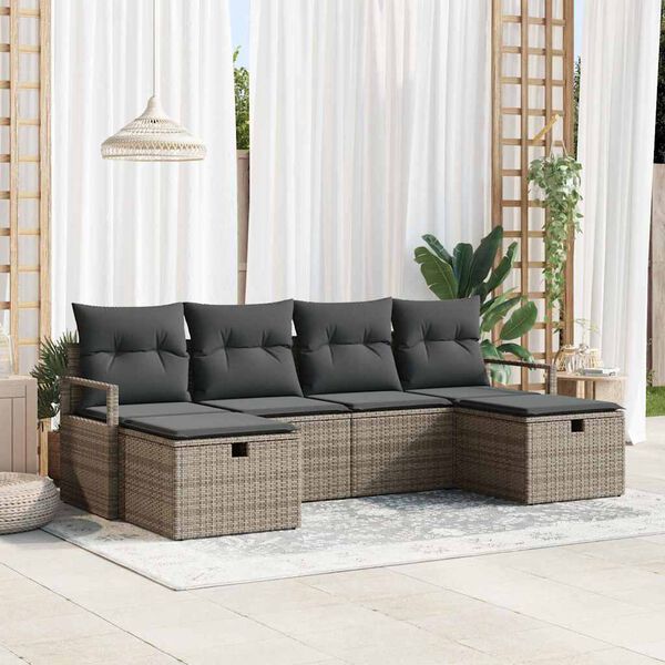 vidaXL Sofa Set mit Kissen mit Speicher 6 pcs Grau Poly-Rattan