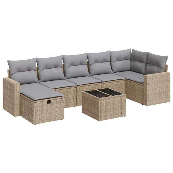 vidaXL 8-tlg. Garten-Sofagarnitur mit Kissen Beige Poly Rattan