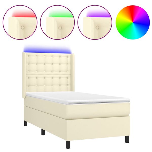 vidaXL Boxspringbett mit Matratze & LED Creme 90x190 cm Kunstleder