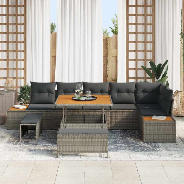 vidaXL Gartensofa-set mit Kissen mit Speicher 9 pcs Grau Poly Rattan