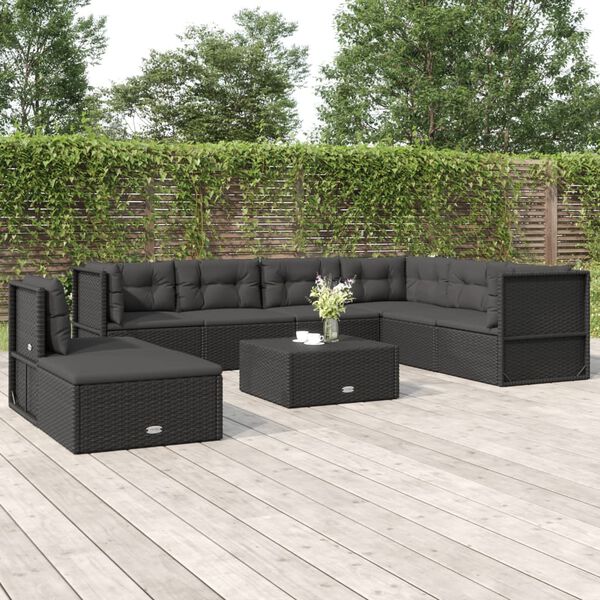 vidaXL 8-tlg. Garten-Lounge-Set mit Kissen Schwarz Poly Rattan