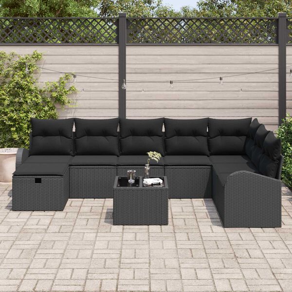vidaXL Sofa Set mit Kissen mit Speicher 9 pcs Schwarz Poly-Rattan