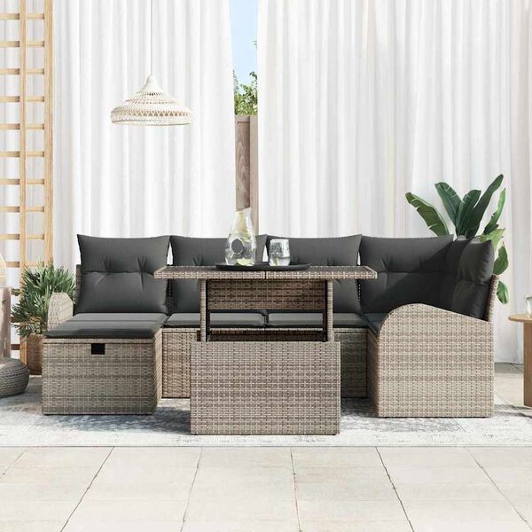 vidaXL Garten-Sofa-Set mit Kissen mit Speicher 7 pcs Grau Poly Rattan