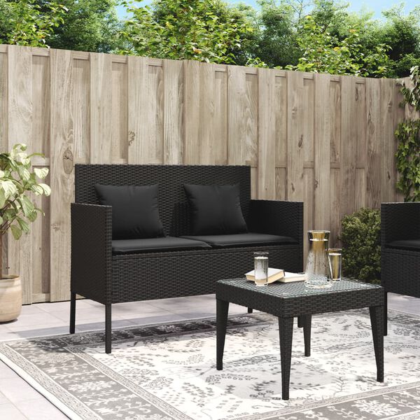 vidaXL Gartenbank mit Kissen Schwarz Poly Rattan