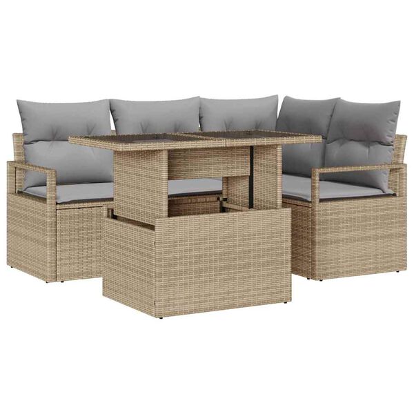 vidaXL Garten-Sofa-Set mit Kissen 5 pcs Beige und Hellgrau Poly-Rattan