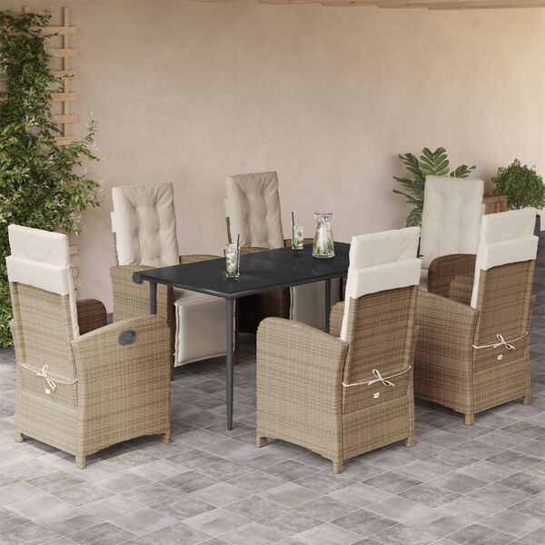 vidaXL 7-tlg. Garten-Essgruppe mit Kissen Beige Poly Rattan