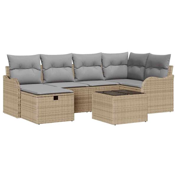 vidaXL Garten-Sofa-Set mit Kissen mit Speicher 7 pcs Beige Poly Rattan