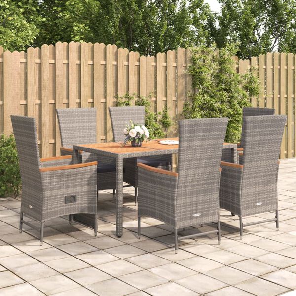 vidaXL 7-tlg. Garten-Essgruppe mit Kissen Grau Poly Rattan