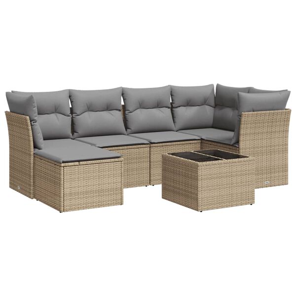 vidaXL 7-tlg. Garten-Sofagarnitur mit Kissen Beige Poly Rattan