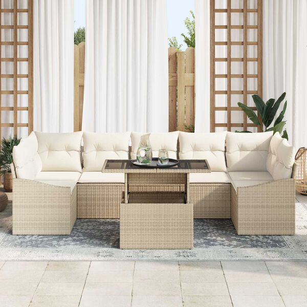 vidaXL Garten-Sofa-Set mit Kissen mit Speicher 8 pcs Beige Poly-Rattan