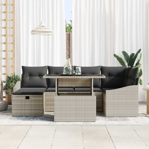 vidaXL Garten-Sofa-Set mit Kissen 7 pcs Hellgrau Poly Rattan