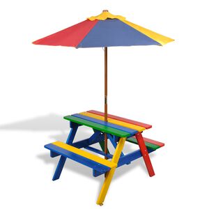 vidaXL Kinder-Picknicktisch mit B&auml;nken & Sonnenschirm Mehrfarbig Holz