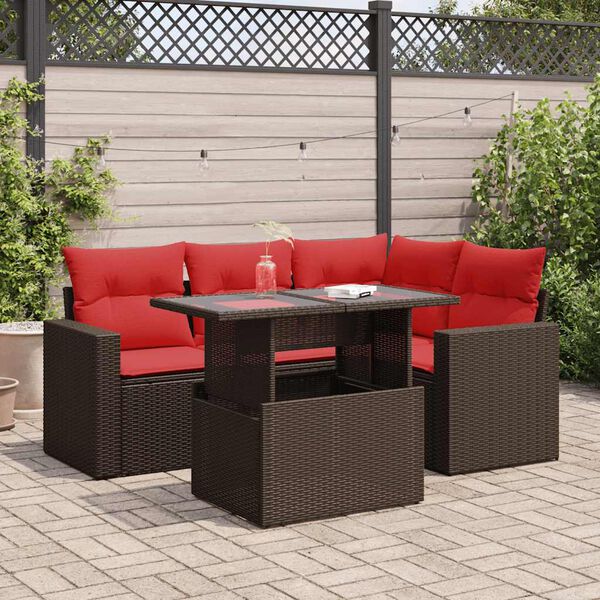vidaXL 5-tlg. Garten-Sofagarnitur mit Kissen Braun Poly Rattan Akazie