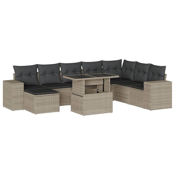 vidaXL 9-tlg. Garten-Sofagarnitur mit Kissen Hellgrau Poly Rattan