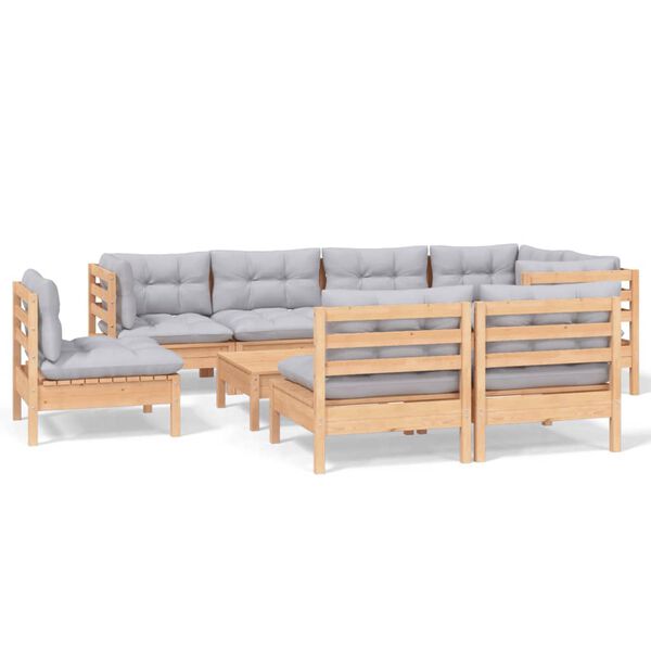 vidaXL 9-tlg. Garten-Lounge-Set mit Grauen Kissen Kiefer Massivholz