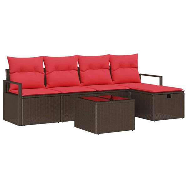 vidaXL Sofa Set mit Kissen 6 pcs Braun und Rot Poly-Rattan