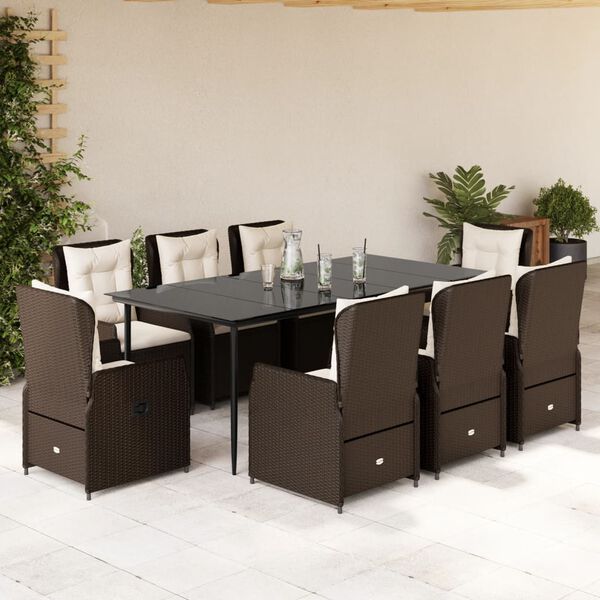 vidaXL 9-tlg. Garten-Essgruppe mit Kissen Braun Poly Rattan