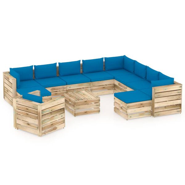 vidaXL 12-tlg. Garten-Lounge-Set mit Kissen Gr&uuml;n Impr&auml;gniertes Holz