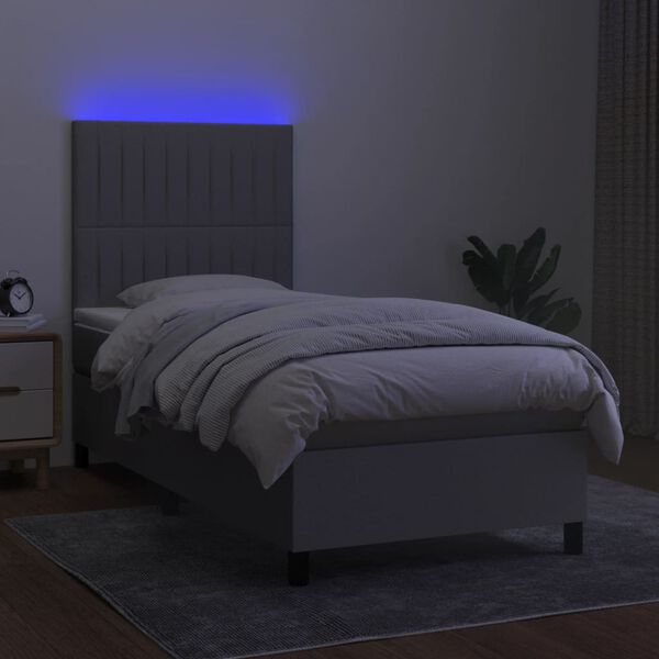 vidaXL Boxspringbett mit Matratze & LED Hellgrau 90x200 cm Stoff