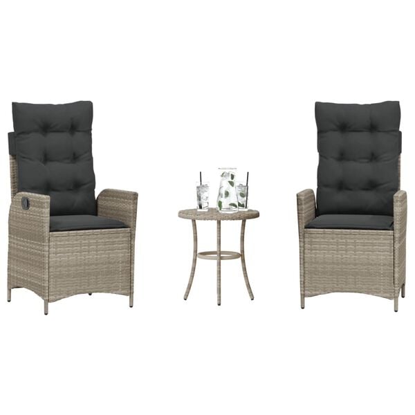 vidaXL 3-tlg. Bistro-Set mit Kissen Hellgrau Poly Rattan
