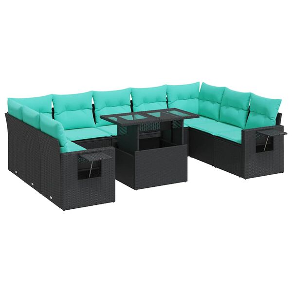 vidaXL 10-tlg. Garten-Sofagarnitur mit Kissen Schwarz Poly Rattan