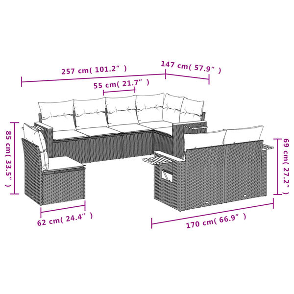 vidaXL 8-tlg. Garten-Sofagarnitur mit Kissen Grau Poly Rattan