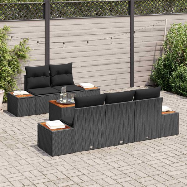 vidaXL Garten-Sofa-Set mit Kissen 6 pcs Schwarz Poly Rattan