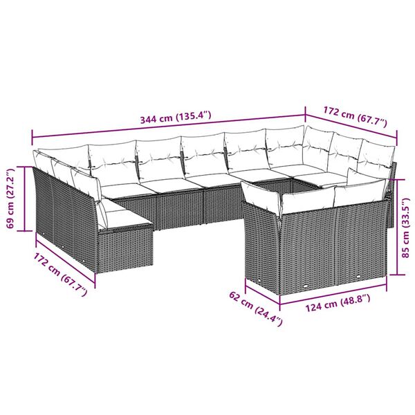 vidaXL 12-tlg. Garten-Sofagarnitur mit Kissen Hellgrau Poly Rattan