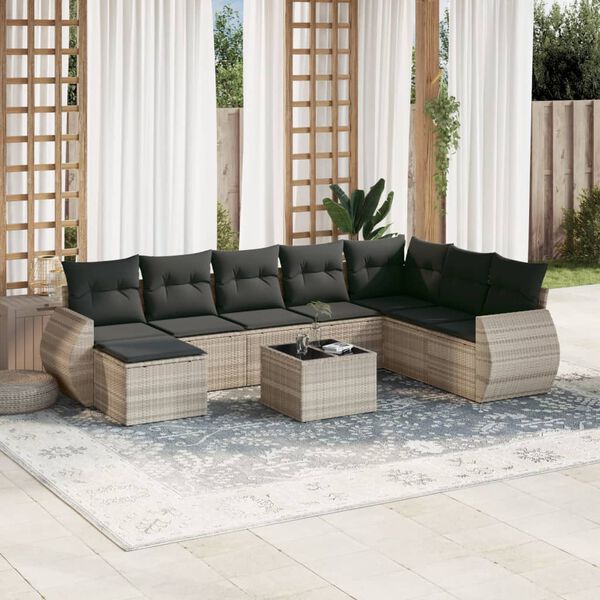 vidaXL 9-tlg. Garten-Sofagarnitur mit Kissen Hellgrau Poly Rattan