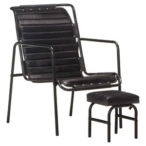 vidaXL Relaxsessel mit Fu&szlig;hocker Schwarz Echtleder
