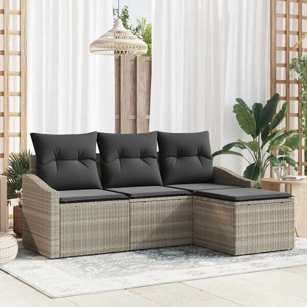 vidaXL Sofa Set mit Kissen mit Speicher 4 pcs Hellgrau Poly-Rattan