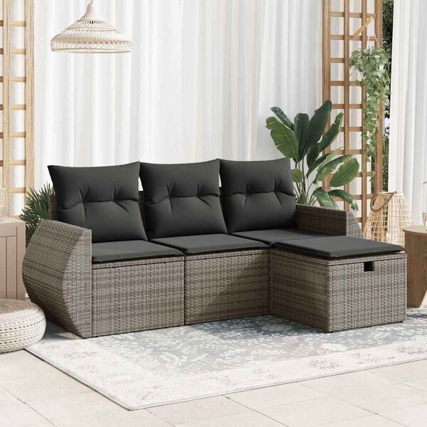 vidaXL 4-tlg. Garten-Sofagarnitur mit Kissen Grau Poly Rattan