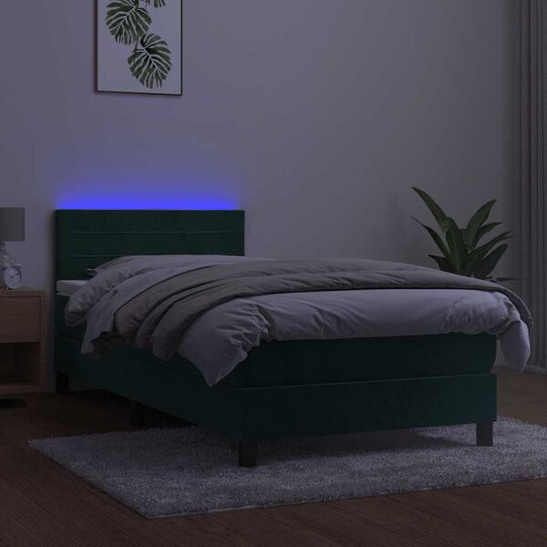 vidaXL Boxspringbett mit Matratze & LED Dunkelgr&uuml;n 90x200 cm Samt