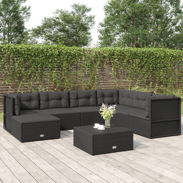 vidaXL 7-tlg. Garten-Lounge-Set mit Kissen Schwarz Poly Rattan