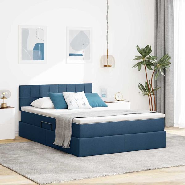 vidaXL Bett mit Stauraum und LED mit Matratze Blau 140 x 200 cm Stoff