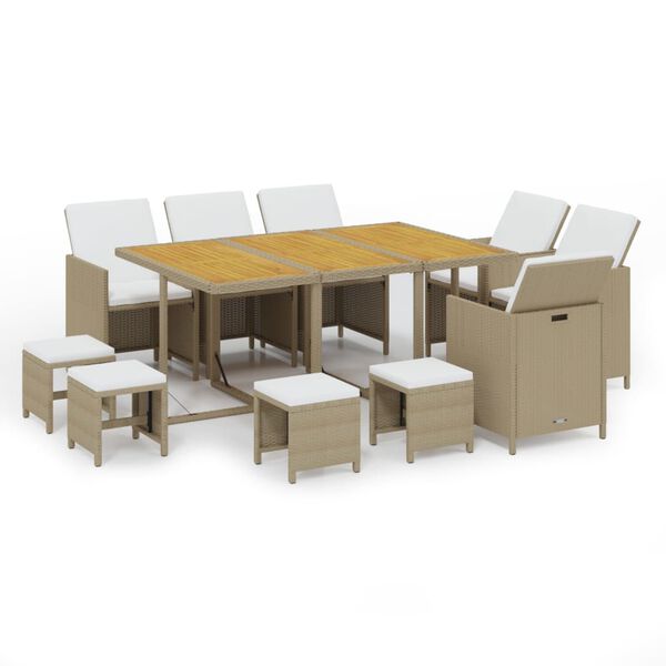 vidaXL 11-tlg. Garten-Essgruppe mit Kissen Poly Rattan Beige