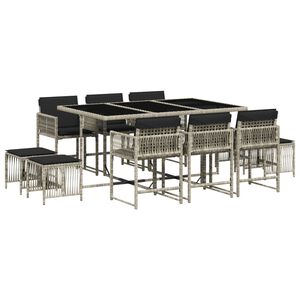 vidaXL 11-tlg. Garten-Essgruppe mit Kissen Hellgrau Poly Rattan